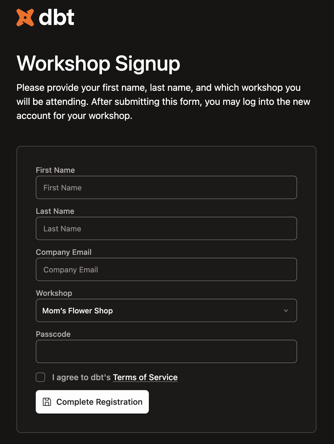 The form for accessing your Fusion Sandbox in dbt platform.